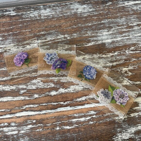 Hydrangeas and Burlap Resin Drink Coasters Set of 4 House Kitchen Table Gift - Picture 8 of 8